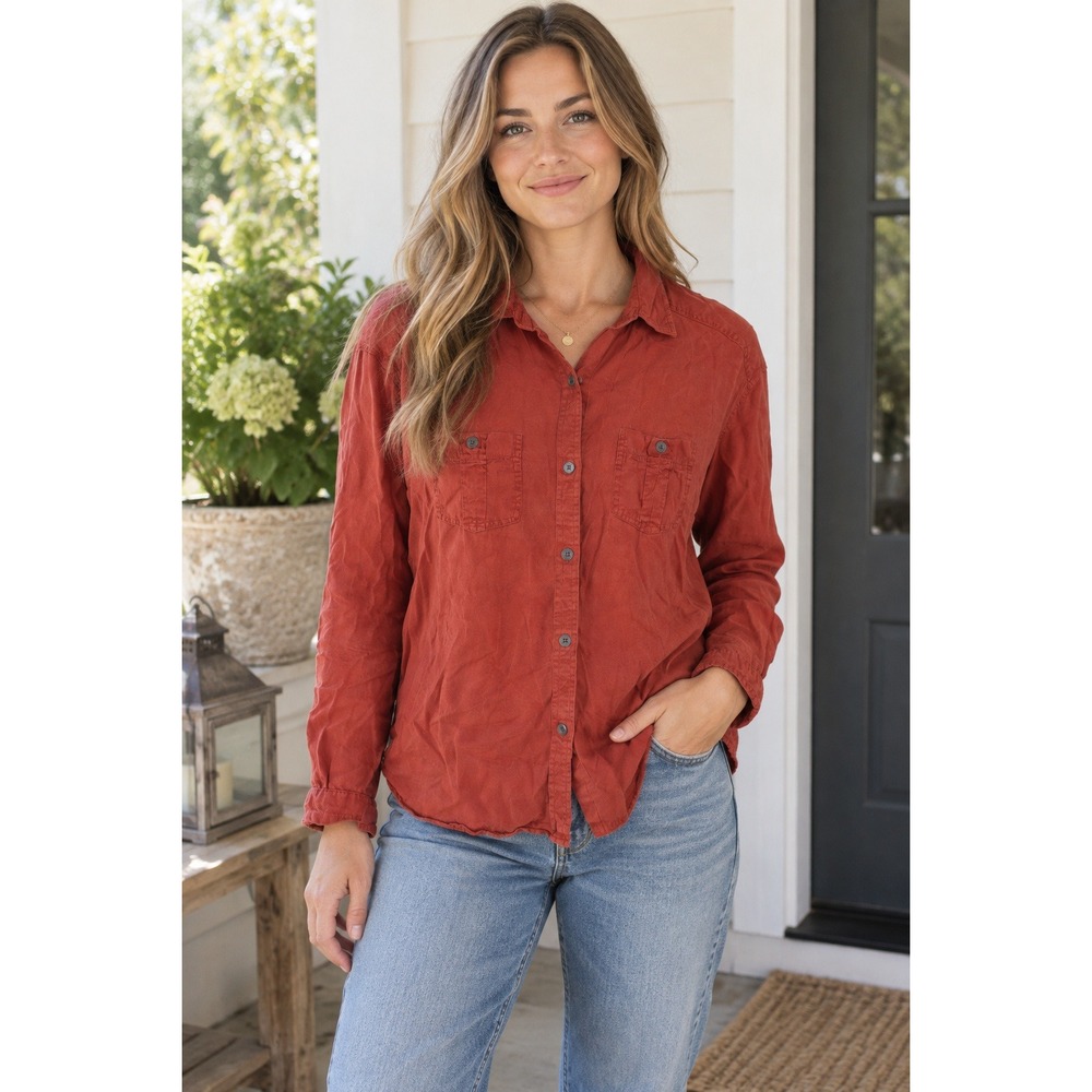 prAna Women Terracotta Red Tencel Button Down Utility Shirt W21190796 Small